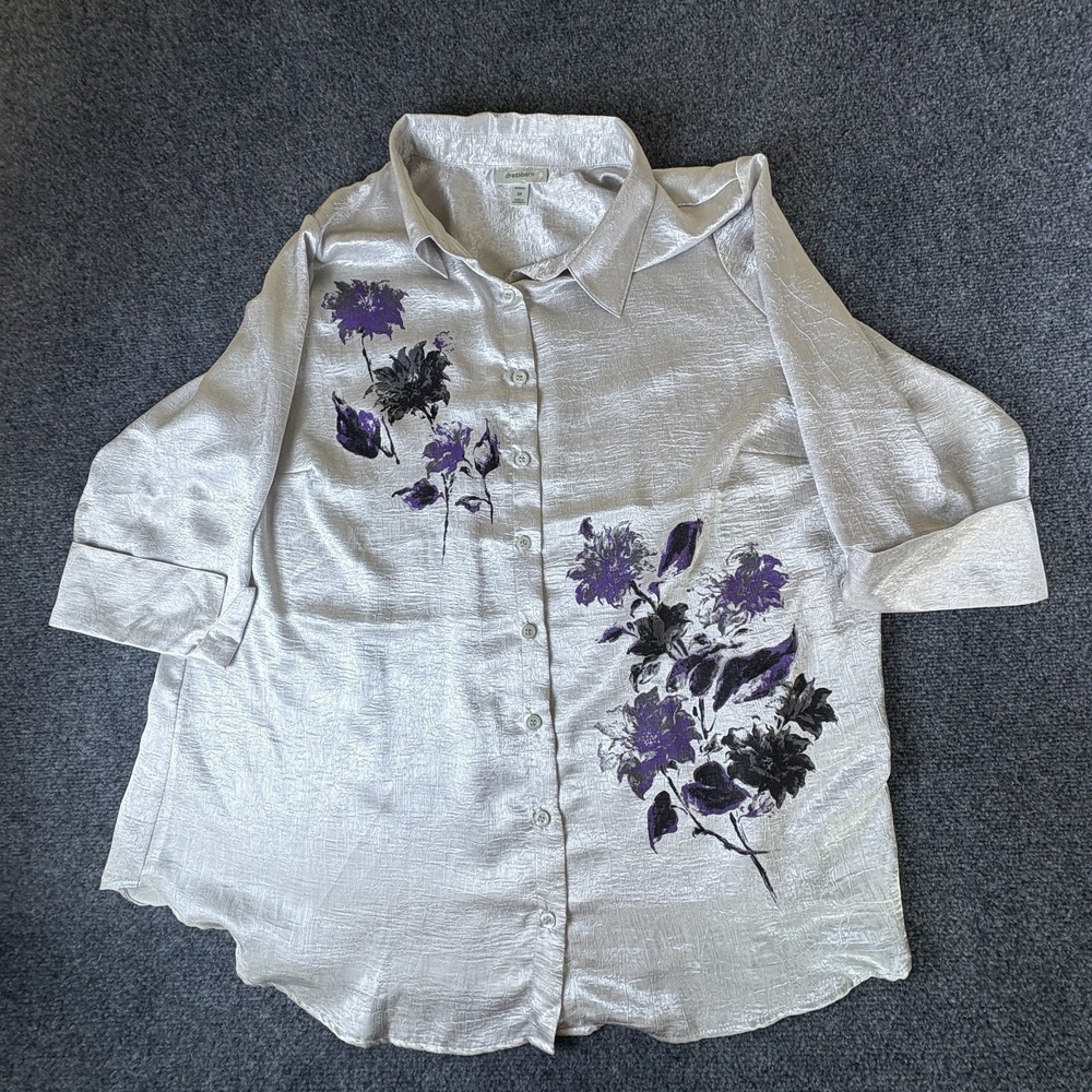 Dressbarn Blouse Top Womens 3X Plus Silver Textured Floral Button Up 3/4 Sleeve